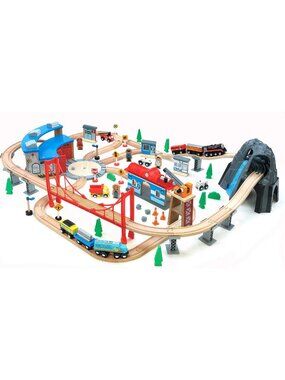 100 pc Wooden Train Set with Roundhouse & Double-Side Tracks for Toddlers, Ages